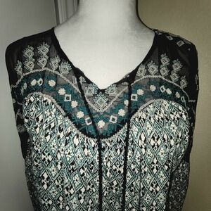 Lucky Brand Green/Black Geometric Mesh Embroidered Peasant Blouse w/Tassels Smal